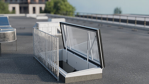 LAMILUX Flat Roof Access Hatch Service FE avec garde-corps et vitre ouverte sur le toit