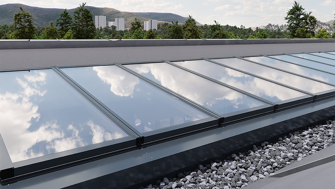 Toit modulaire en verre MS78 rangée vue extérieure fermée Toit modulaire en verre MS78 rangée vue extérieure | insights by LAMILUX