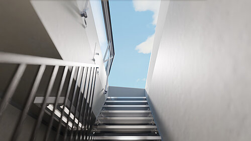 LAMILUX Flat Roof Access Hatch Service FE avec escalier et vue sur le ciel