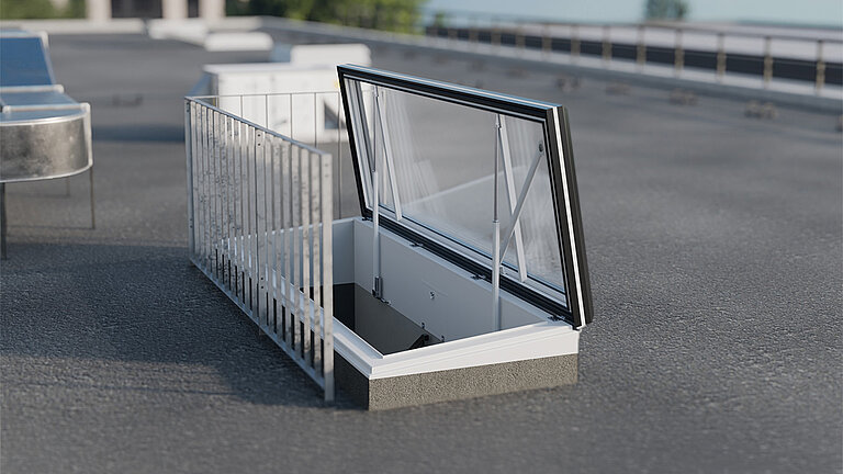 Sortie de toit plat LAMILUX FE avec garde-corps et fenêtre en verre ouvrante sur le toit