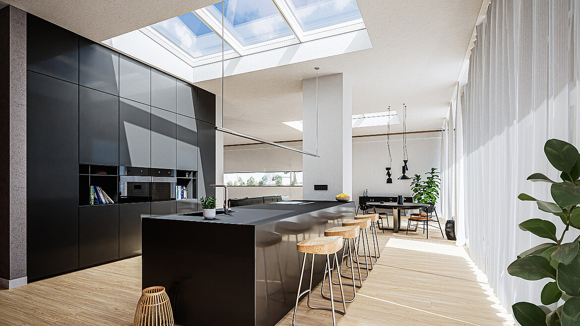 Helle, moderne Wohnküche mit Oberlicht und schwarzer Kücheninsel.
