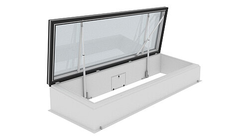 LAMILUX Flat Roof Access Hatch Service FE avec élément vitré ouvert sur l'illustration technique du produit
