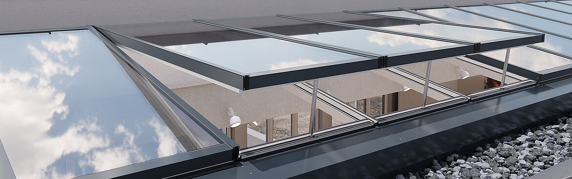 Toit modulaire en verre : grande pénétration de la lumière du jour grâce au principe de construction modulaire Toit modulaire en verre MS78 | insights by LAMILUX